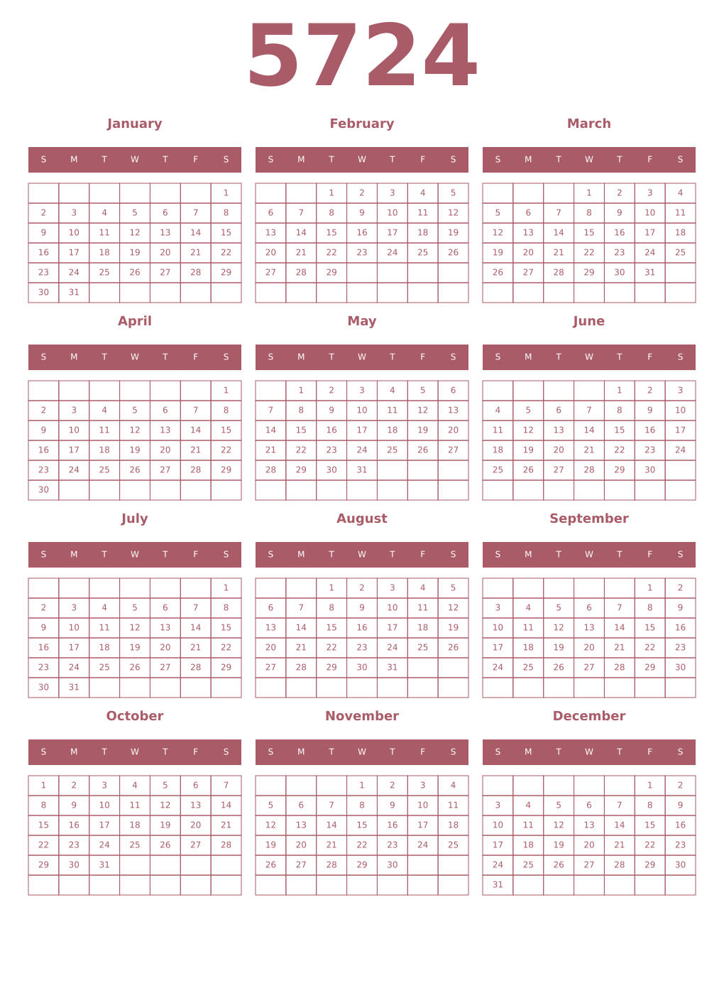 Printable 5724 Year Calendars puce