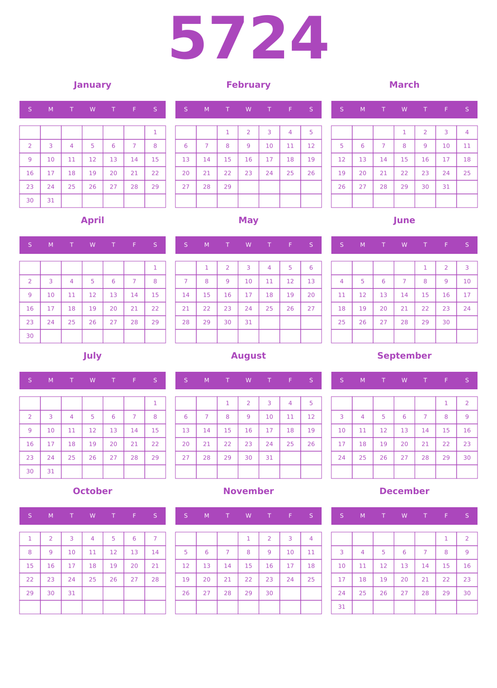 Printable 5724 Year Calendars purple