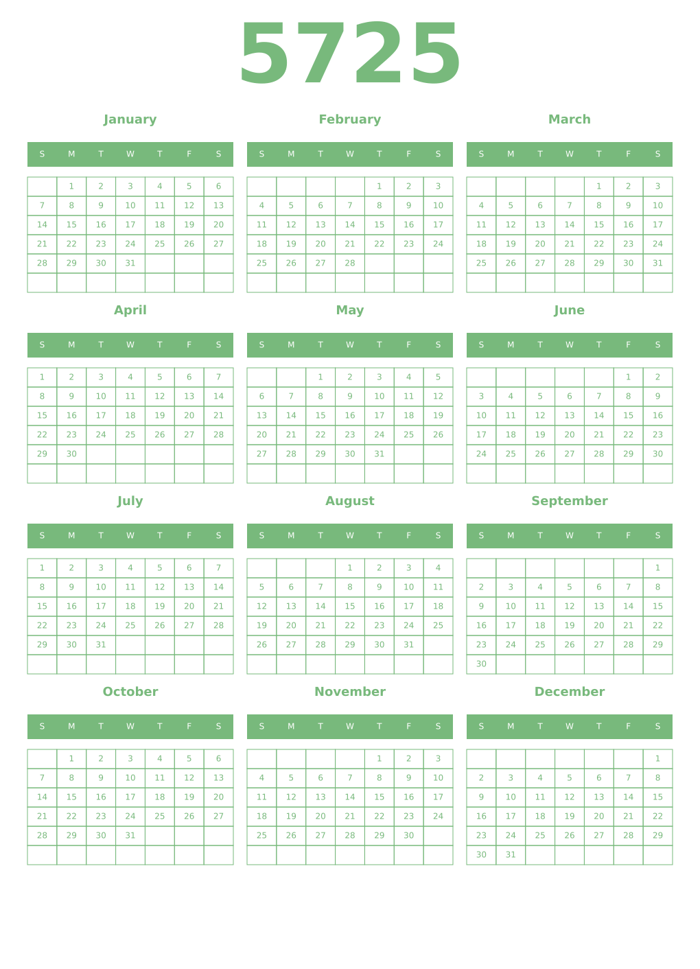 Printable 5725 Year Calendars celadon