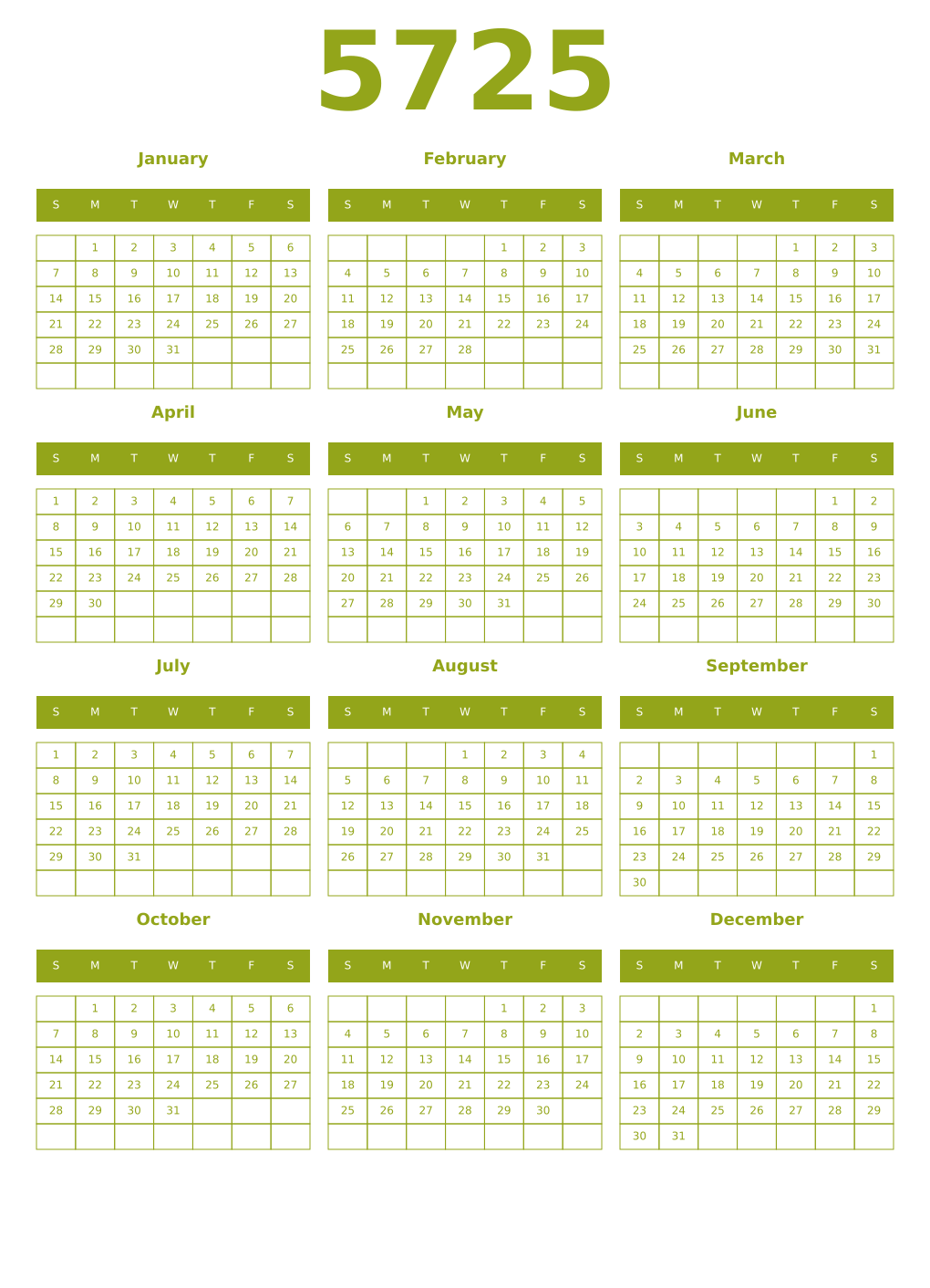 Printable 5725 Year Calendars chartreuse