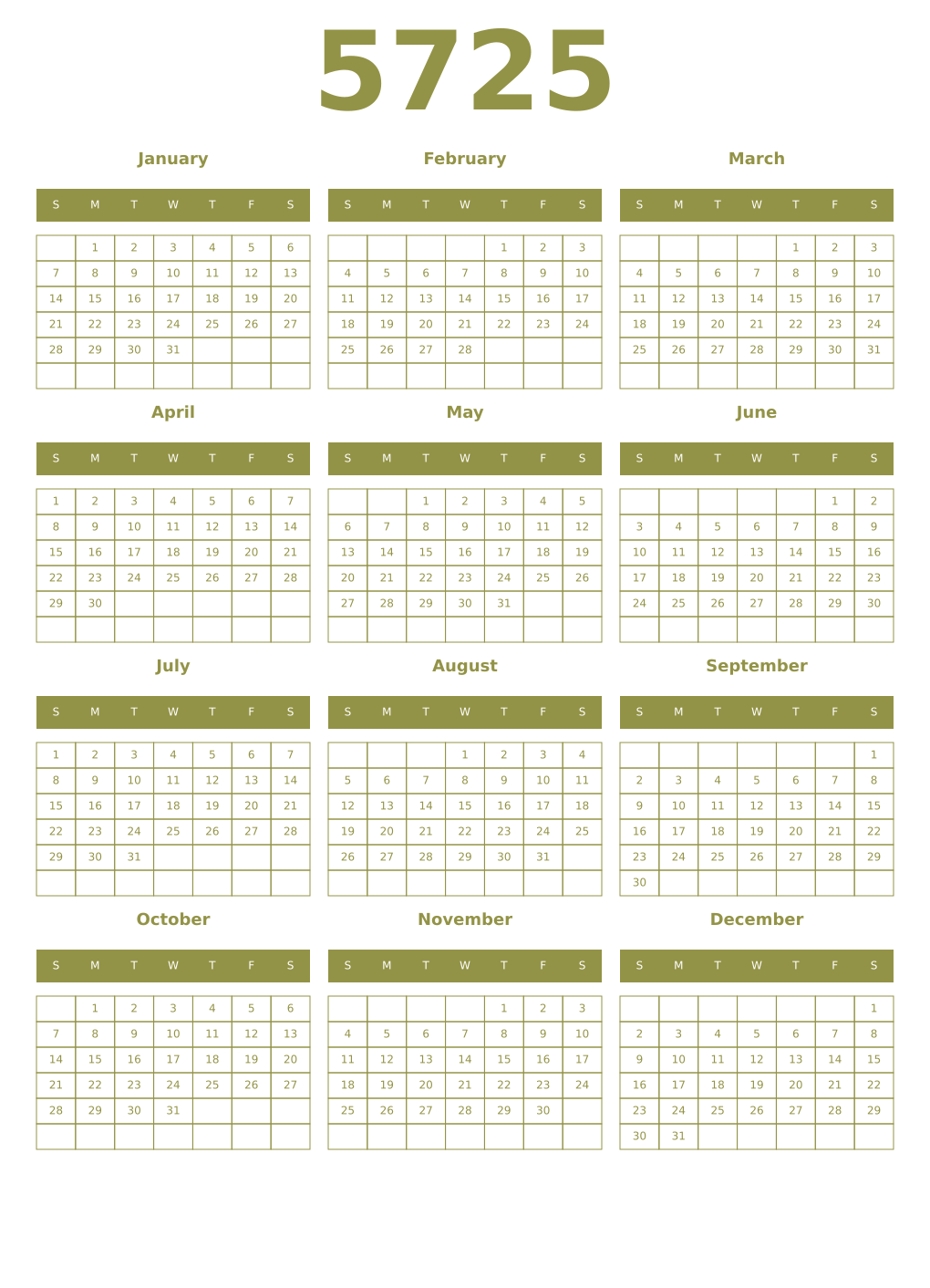 Printable 5725 Year Calendars eburnean
