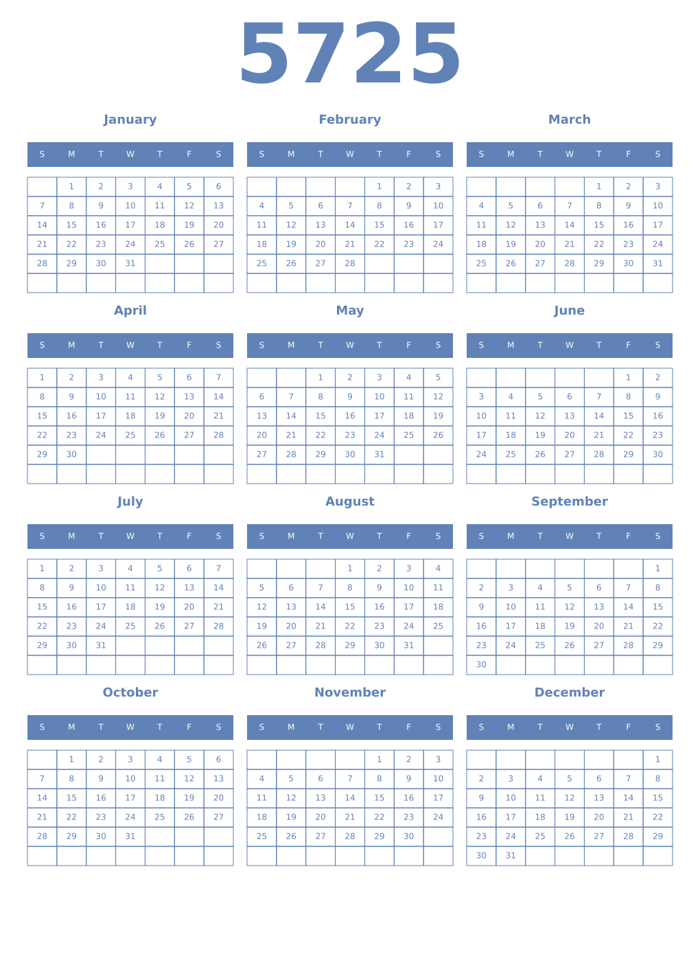 Printable 5725 Year Calendars glaucous