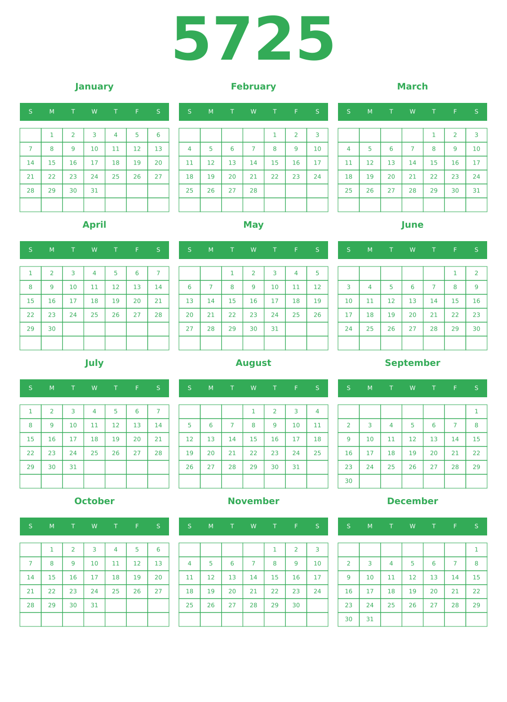 Printable 5725 Year Calendars green