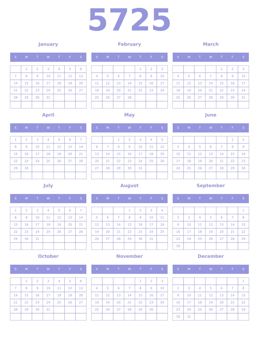 Printable 5725 Year Calendars periwinkle
