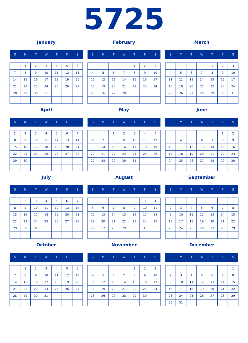 Printable 5725 Year Calendars smalt