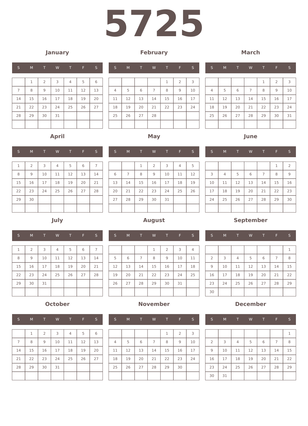 Printable 5725 Year Calendars wenge