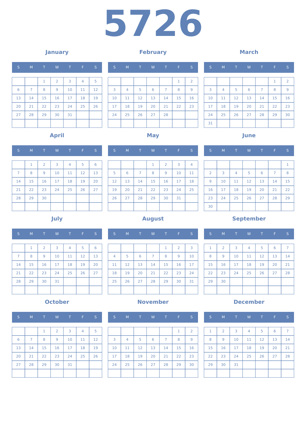Printable 5726 Year Calendars glaucous