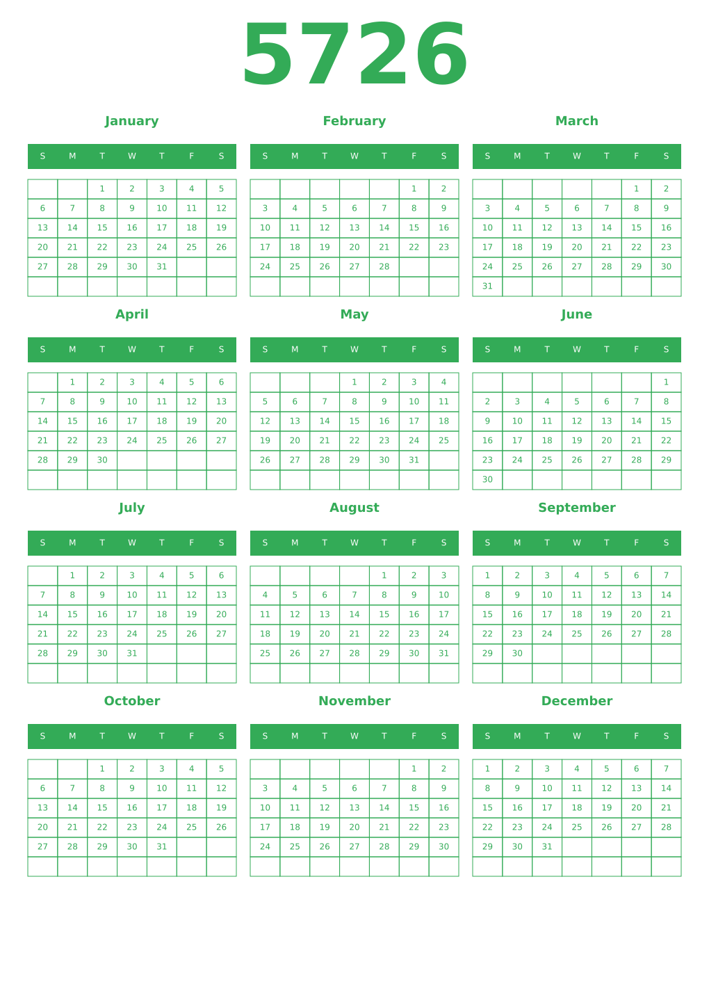 Printable 5726 Year Calendars green