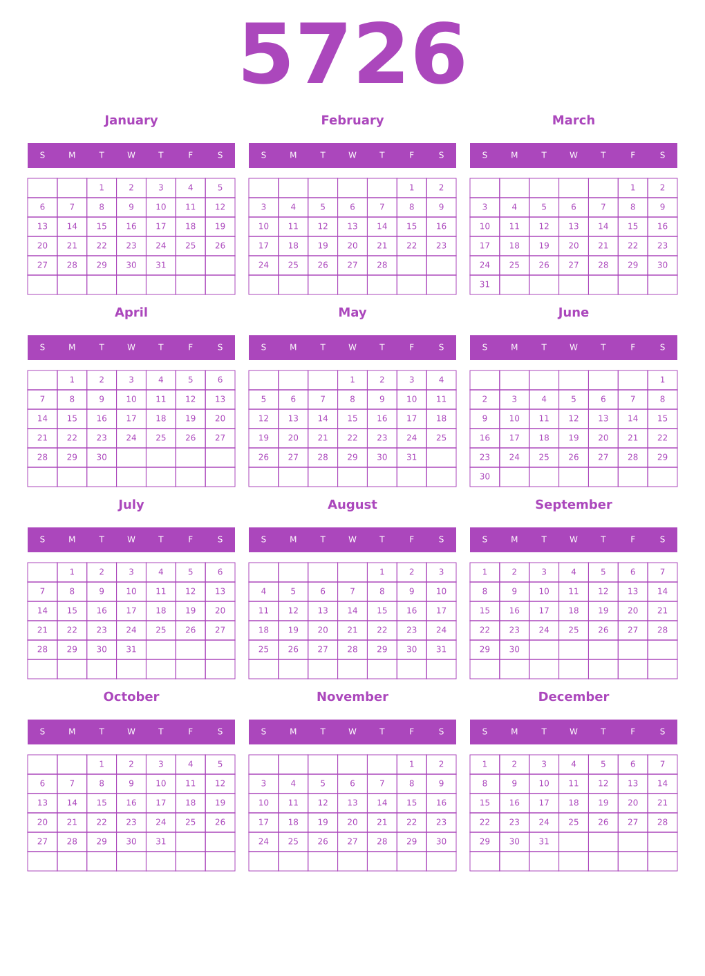 Printable 5726 Year Calendars purple