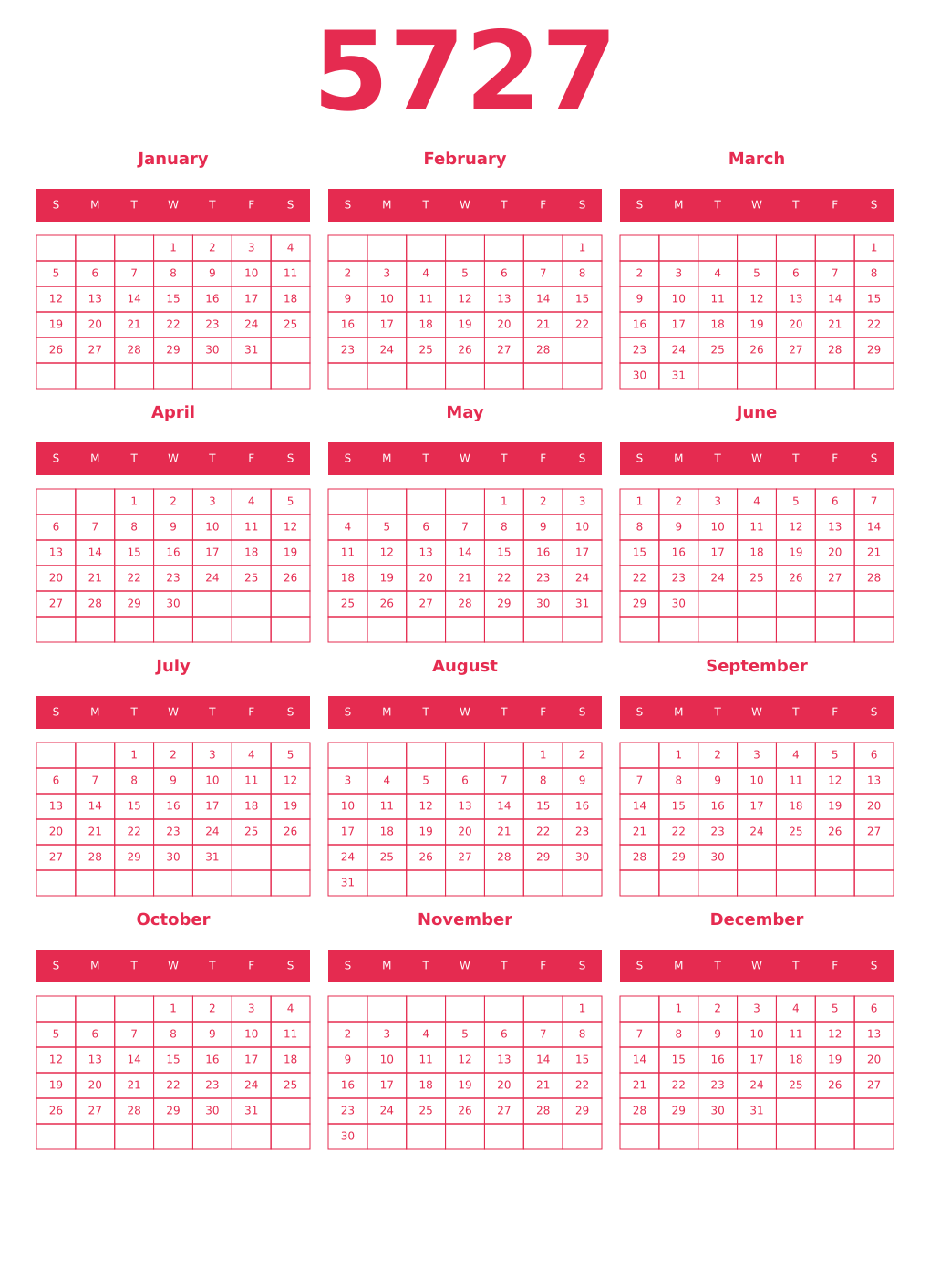 Printable 5727 Year Calendars amaranth