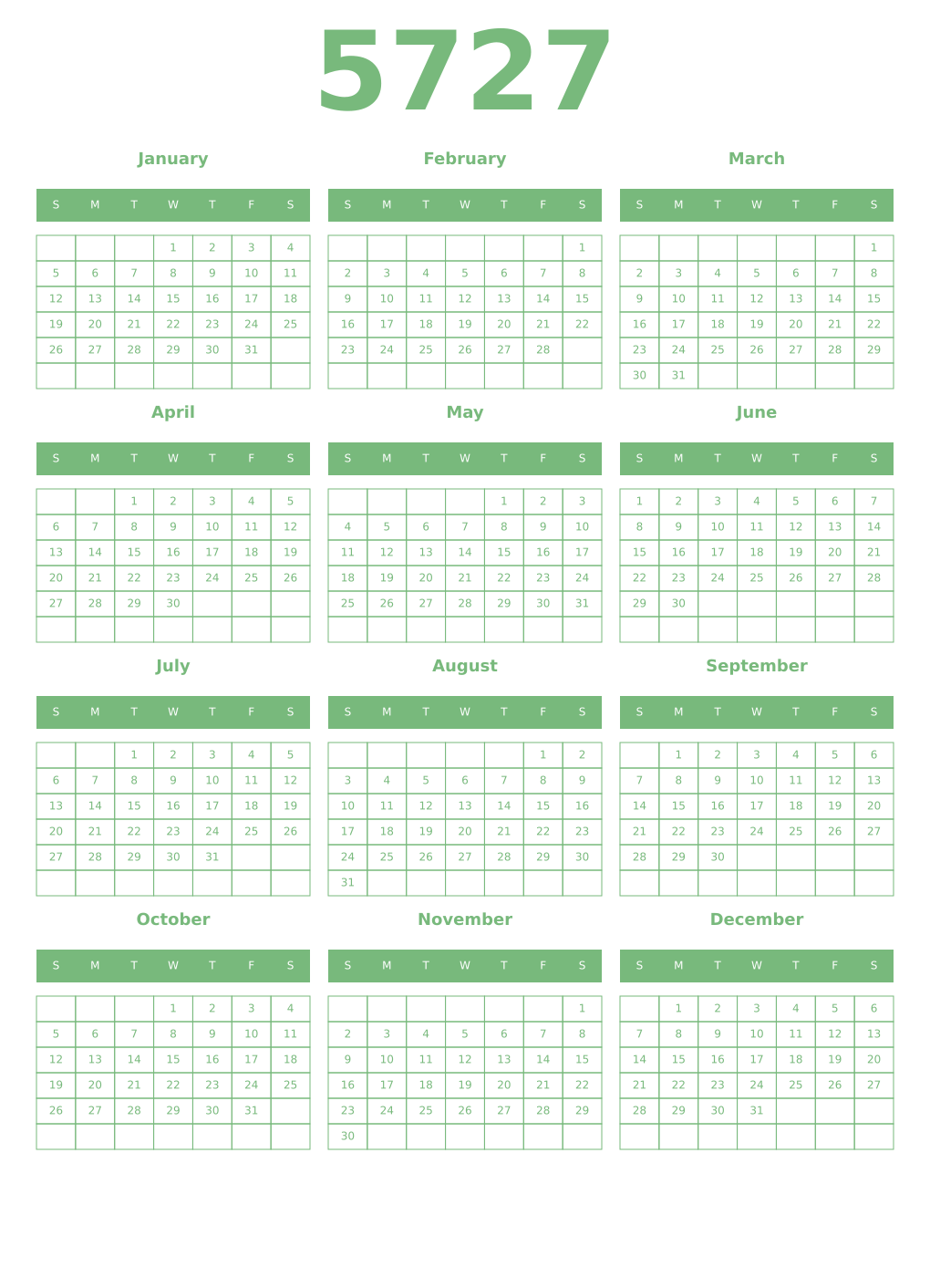 Printable 5727 Year Calendars celadon