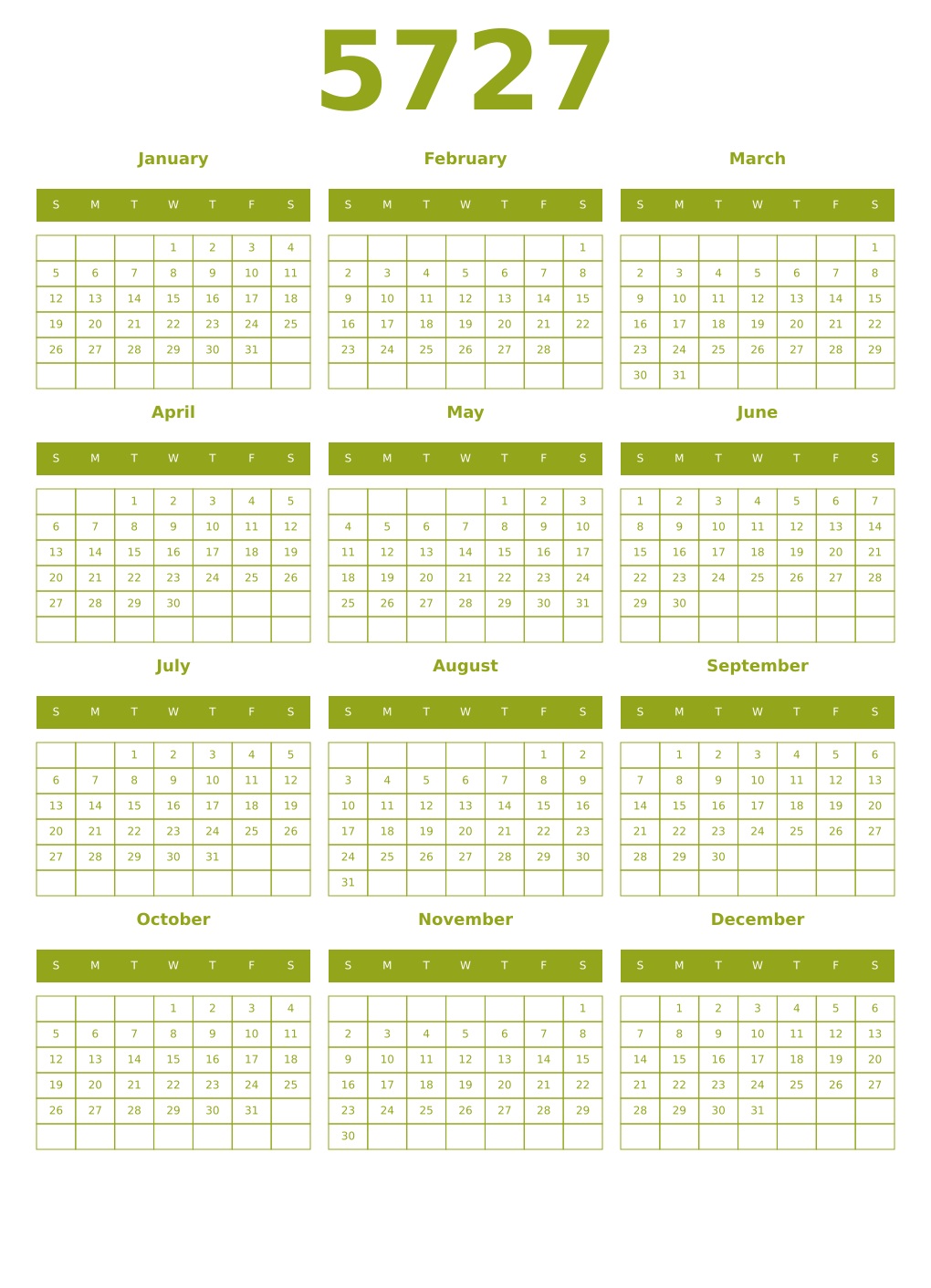 Printable 5727 Year Calendars chartreuse