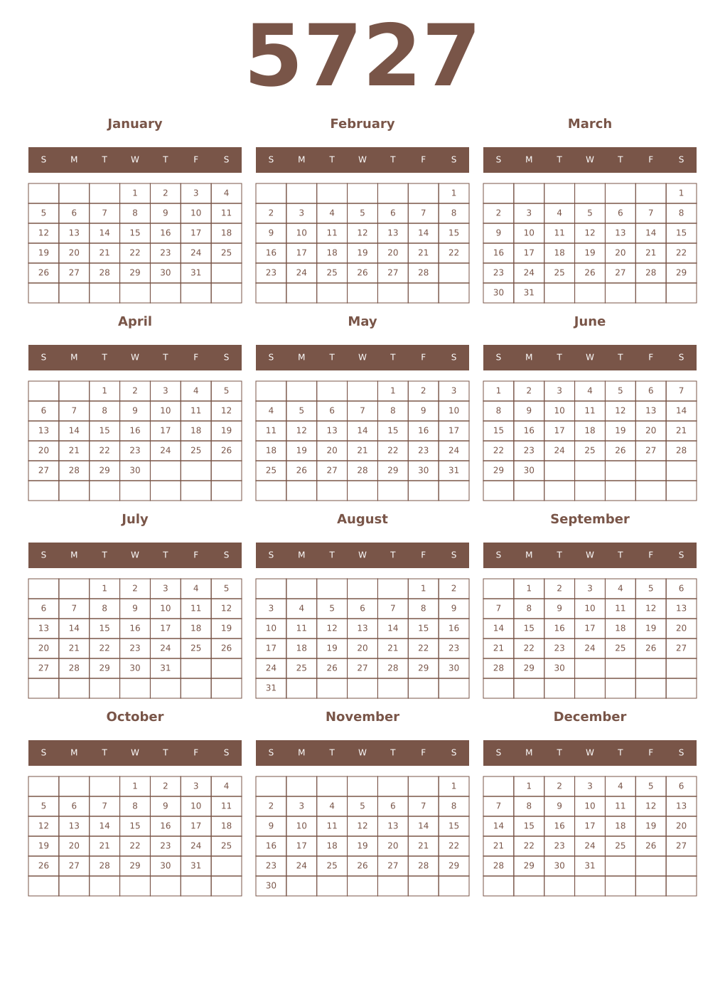 Printable 5727 Year Calendars coffe