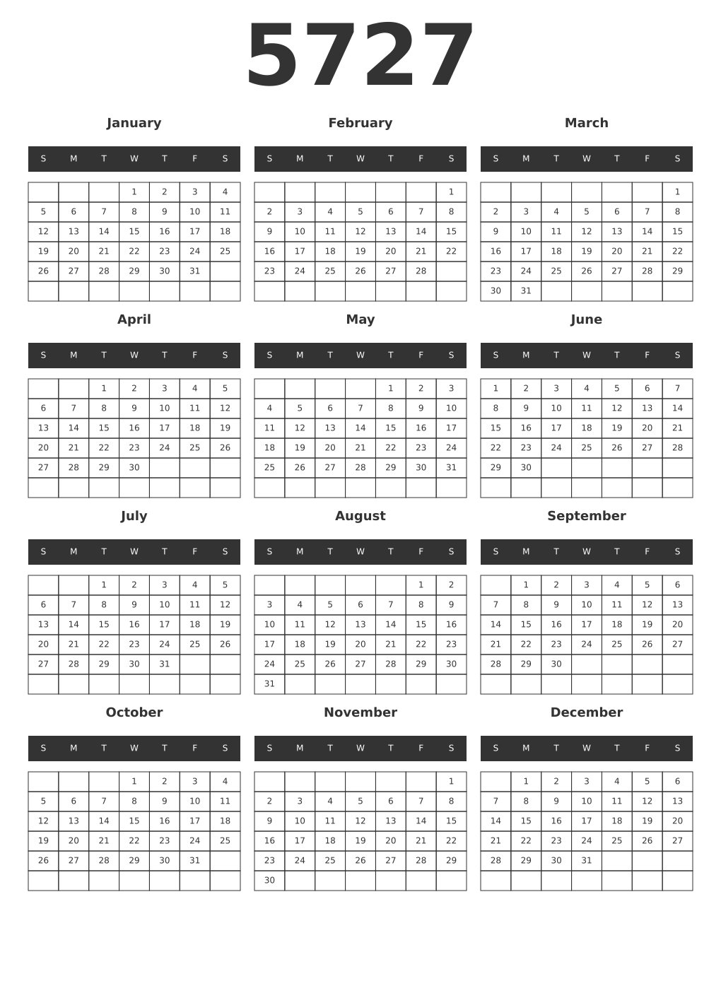 Printable 5727 Year Calendars dark