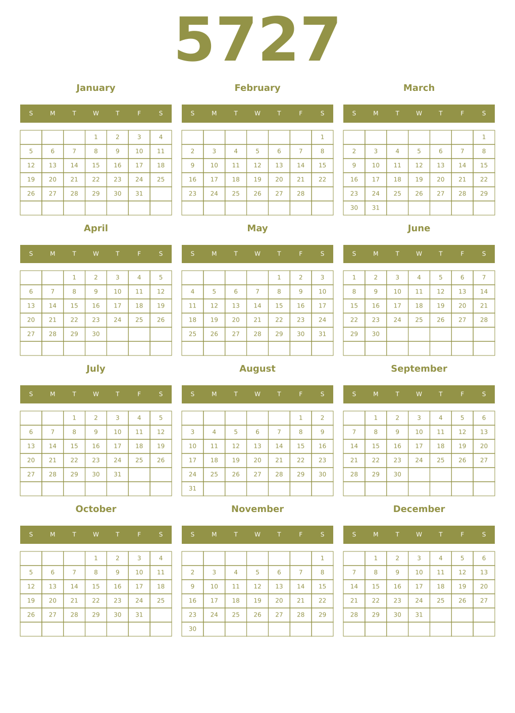 Printable 5727 Year Calendars eburnean