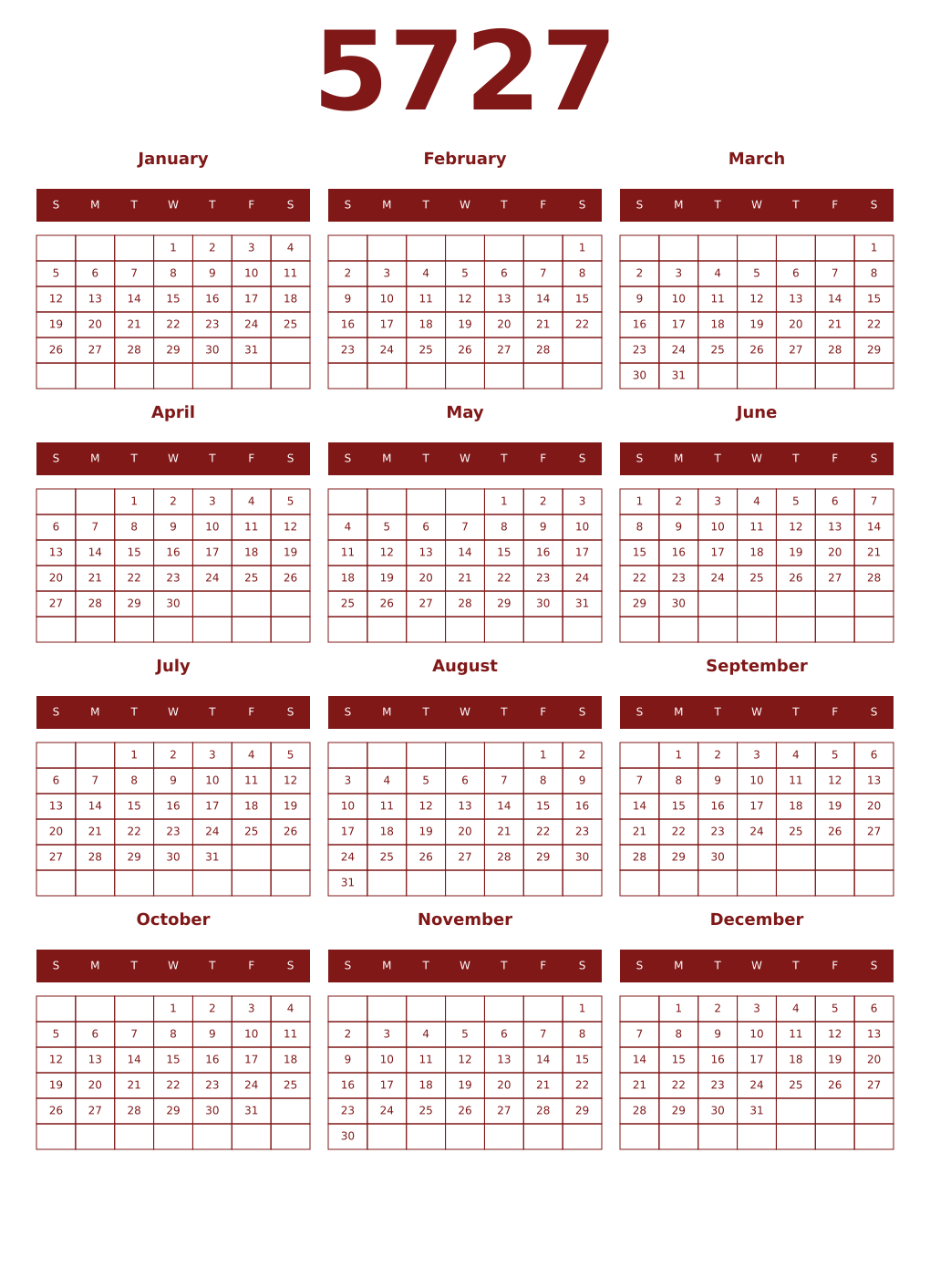 Printable 5727 Year Calendars falu