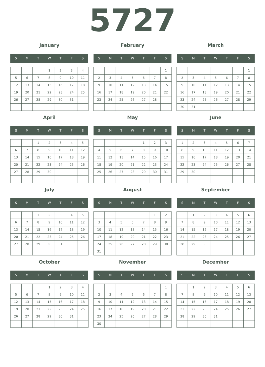 Printable 5727 Year Calendars feldgrau