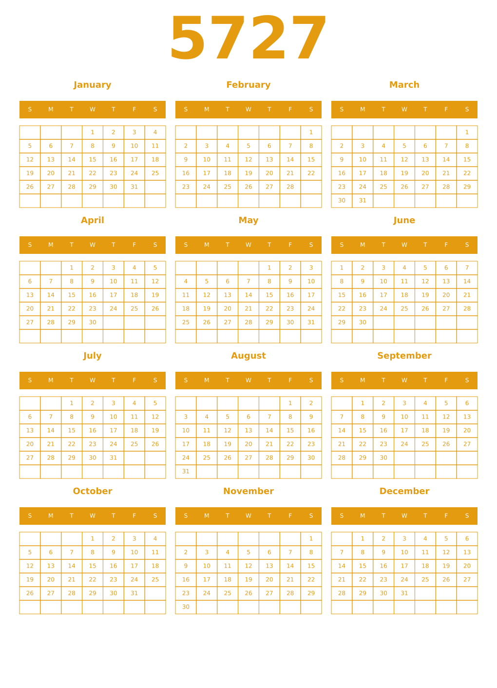 Printable 5727 Year Calendars gamboge