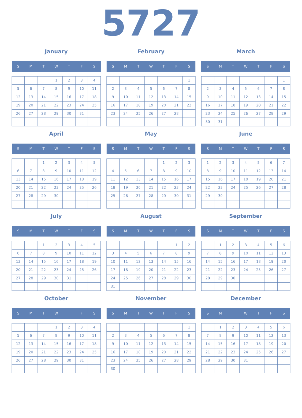 Printable 5727 Year Calendars glaucous