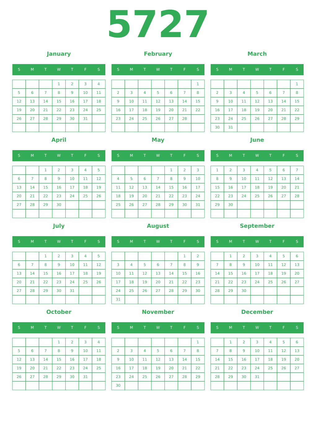 Printable 5727 Year Calendars green