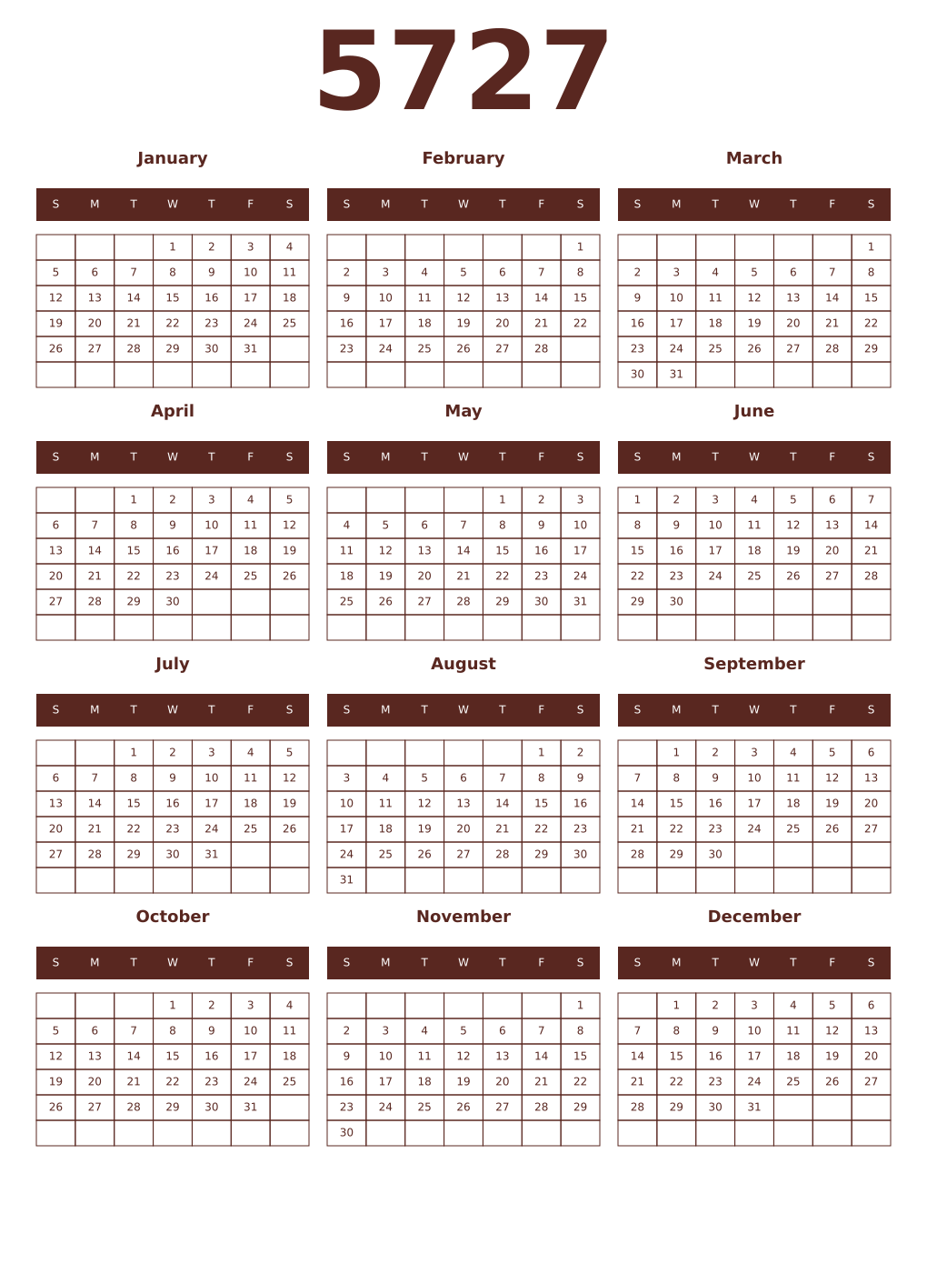 Printable 5727 Year Calendars mortuum