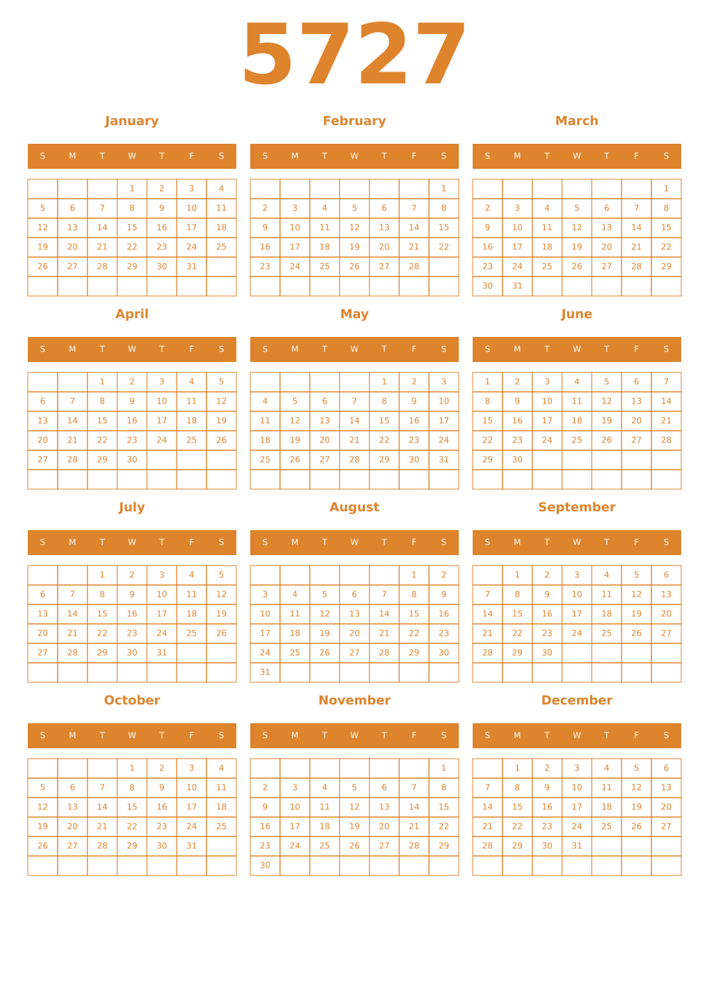 Printable 5727 Year Calendars orange