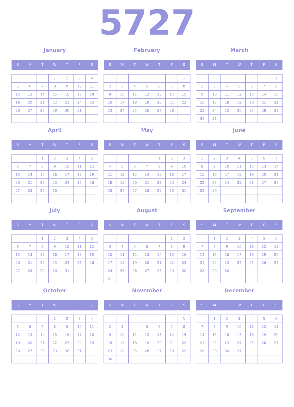 Printable 5727 Year Calendars periwinkle