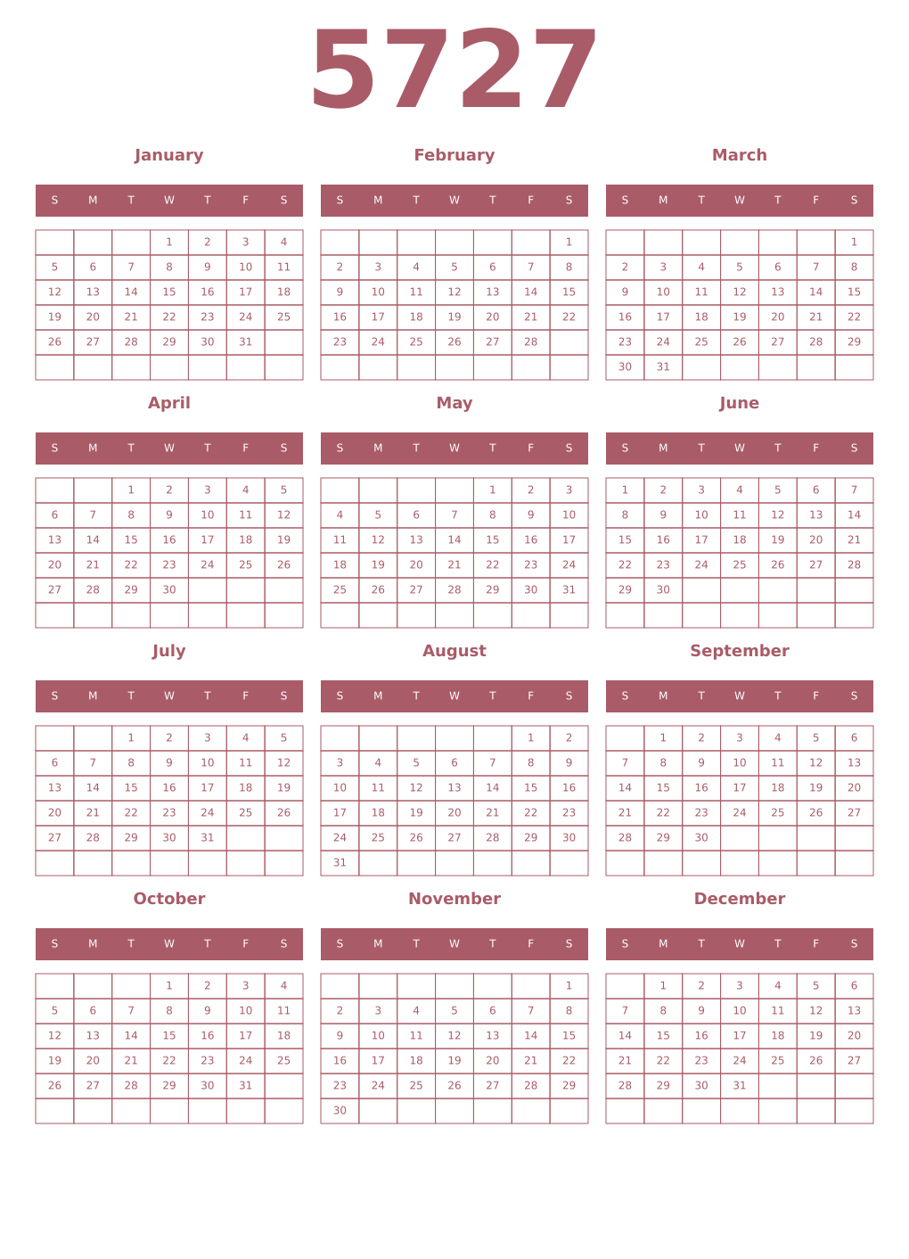 Printable 5727 Year Calendars puce