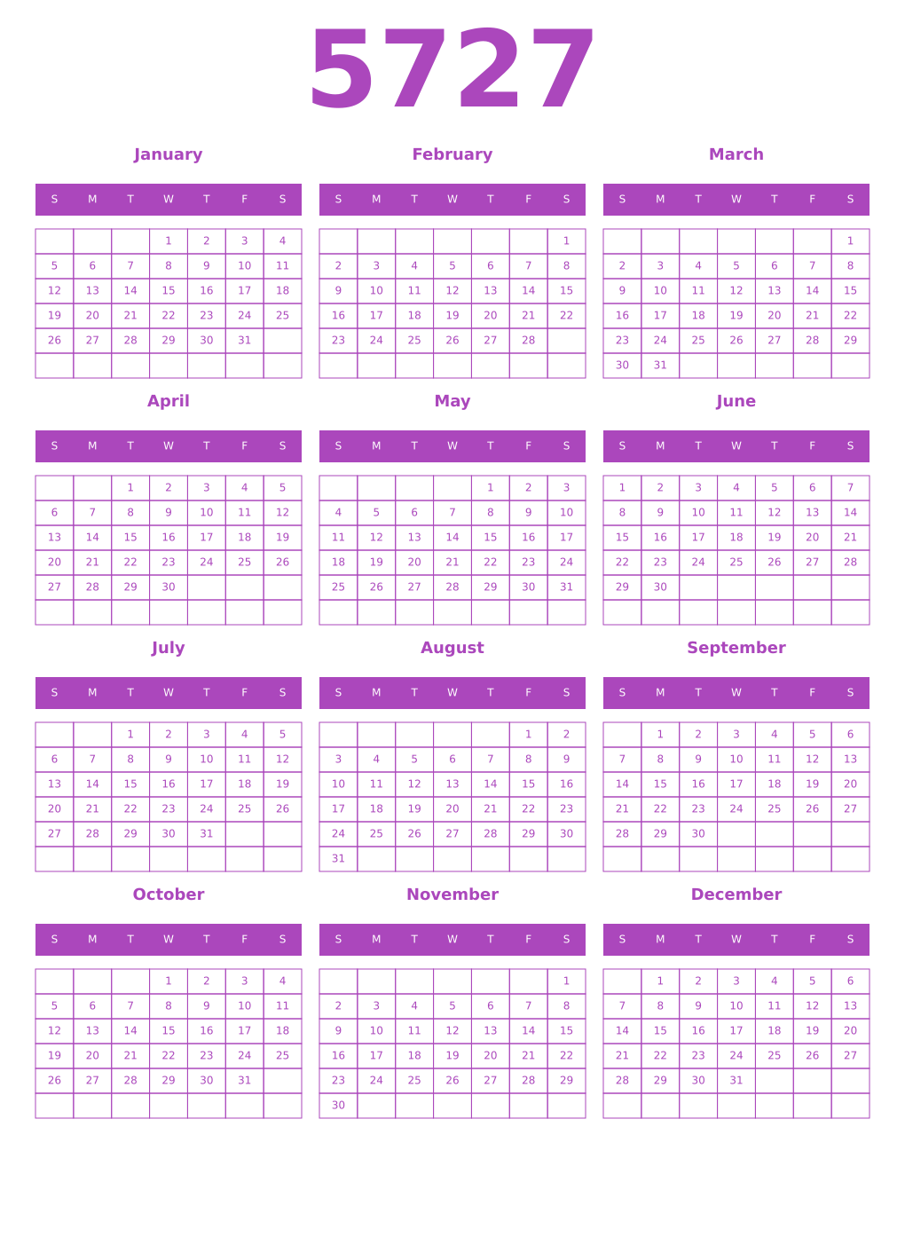 Printable 5727 Year Calendars purple