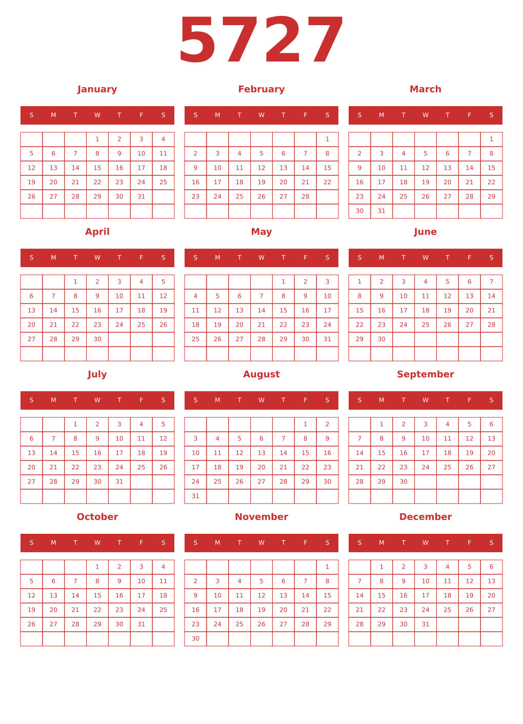 Printable 5727 Year Calendars red