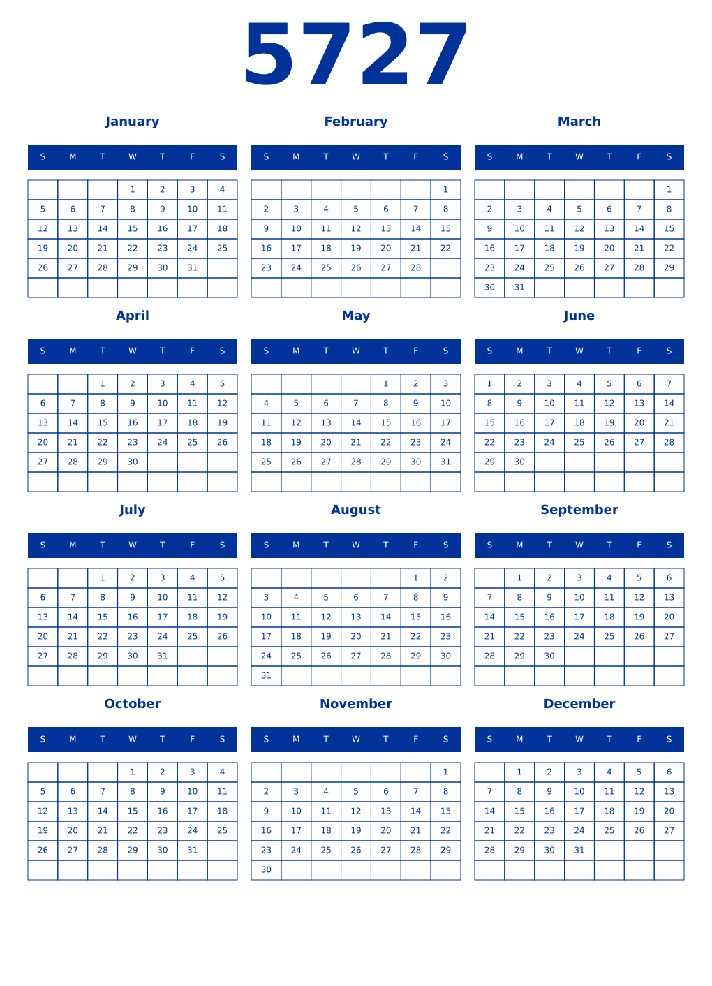 Printable 5727 Year Calendars smalt