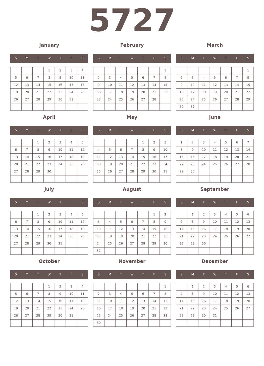 Printable 5727 Year Calendars wenge
