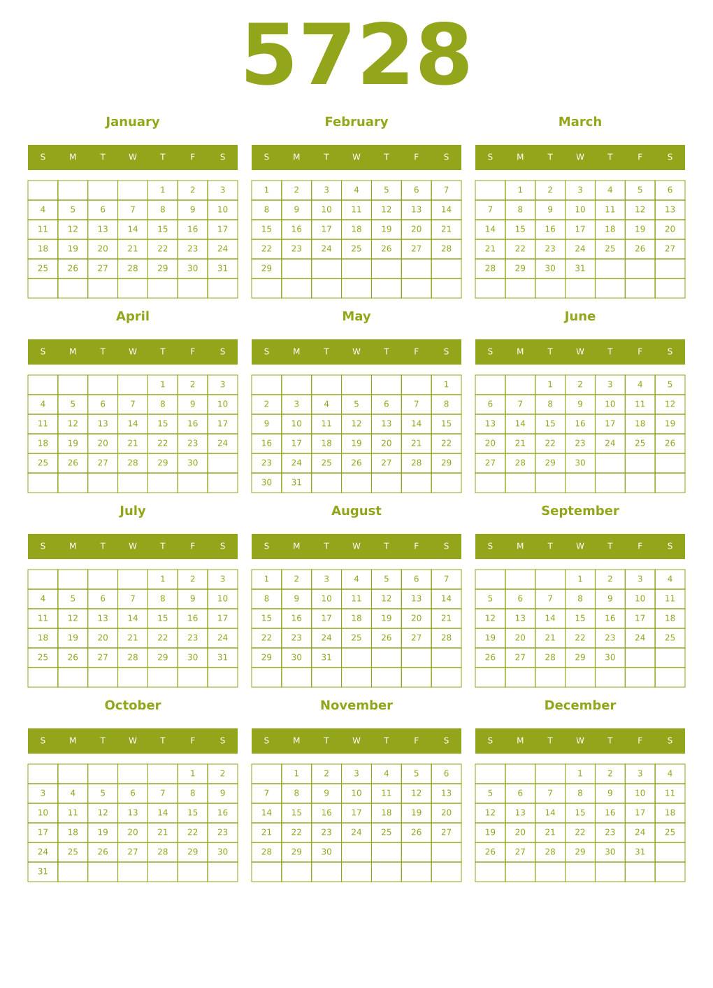 Printable 5728 Year Calendars chartreuse