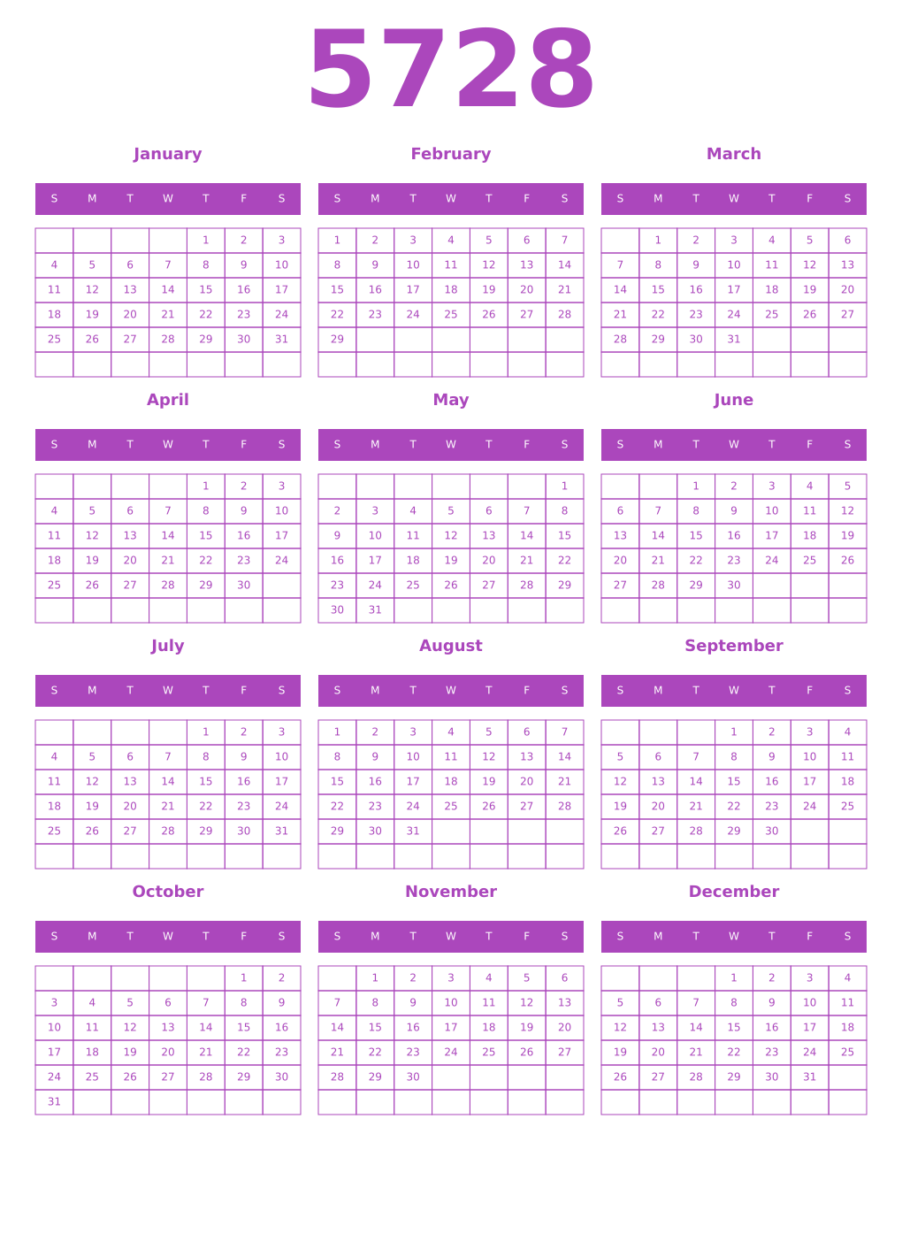 Printable 5728 Year Calendars purple