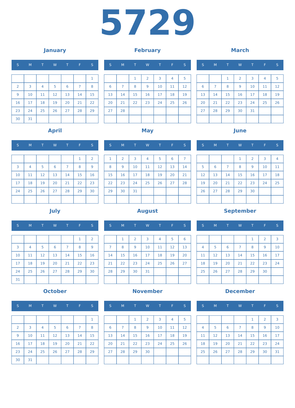 Printable 5729 Year Calendars blue