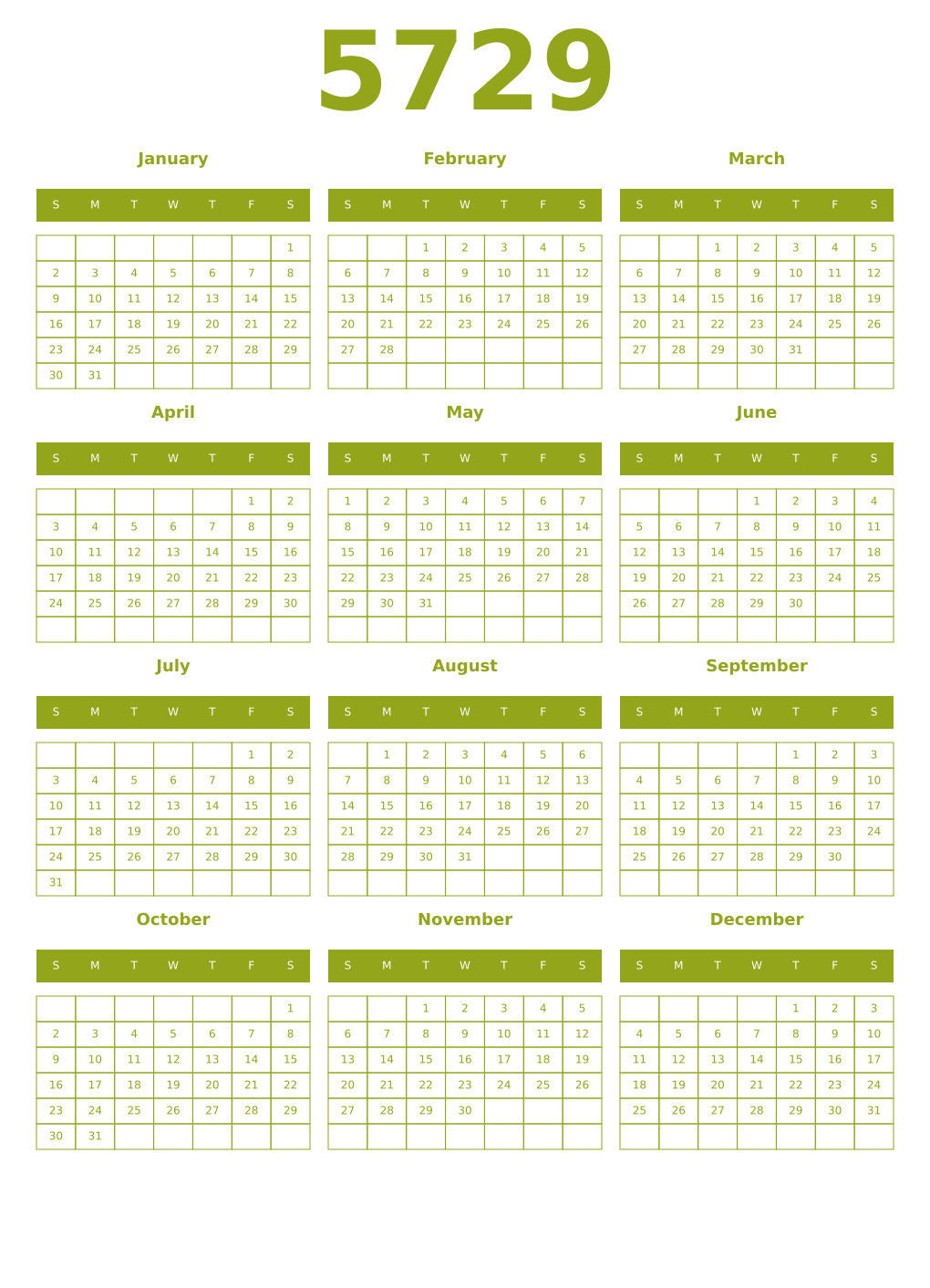 Printable 5729 Year Calendars chartreuse