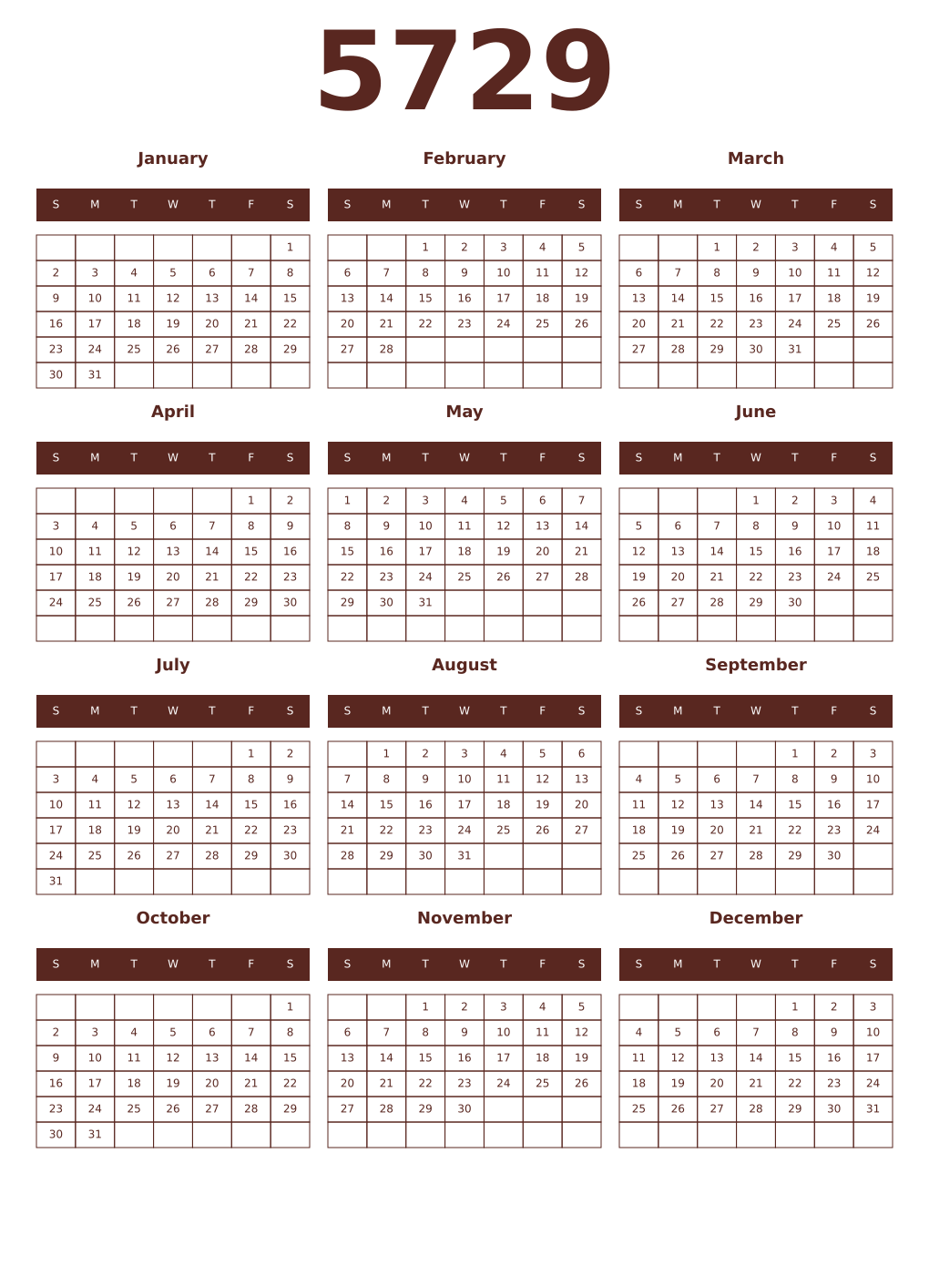 Printable 5729 Year Calendars mortuum
