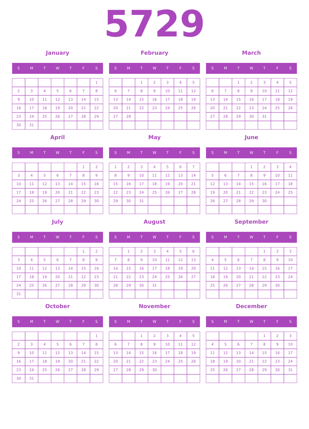Printable 5729 Year Calendars purple