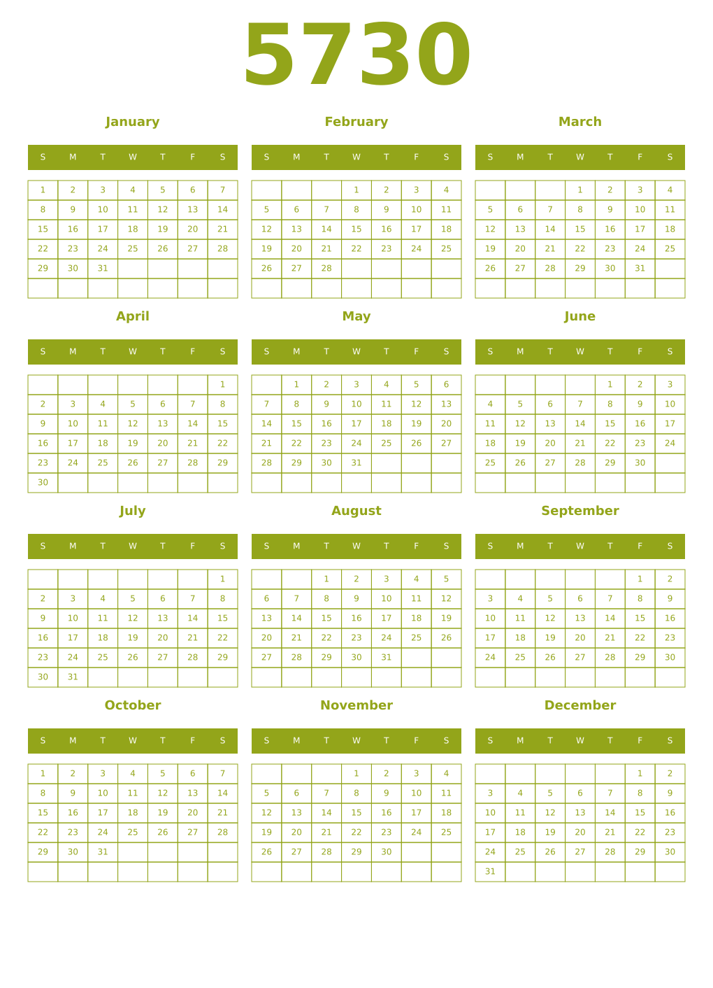 Printable 5730 Year Calendars chartreuse