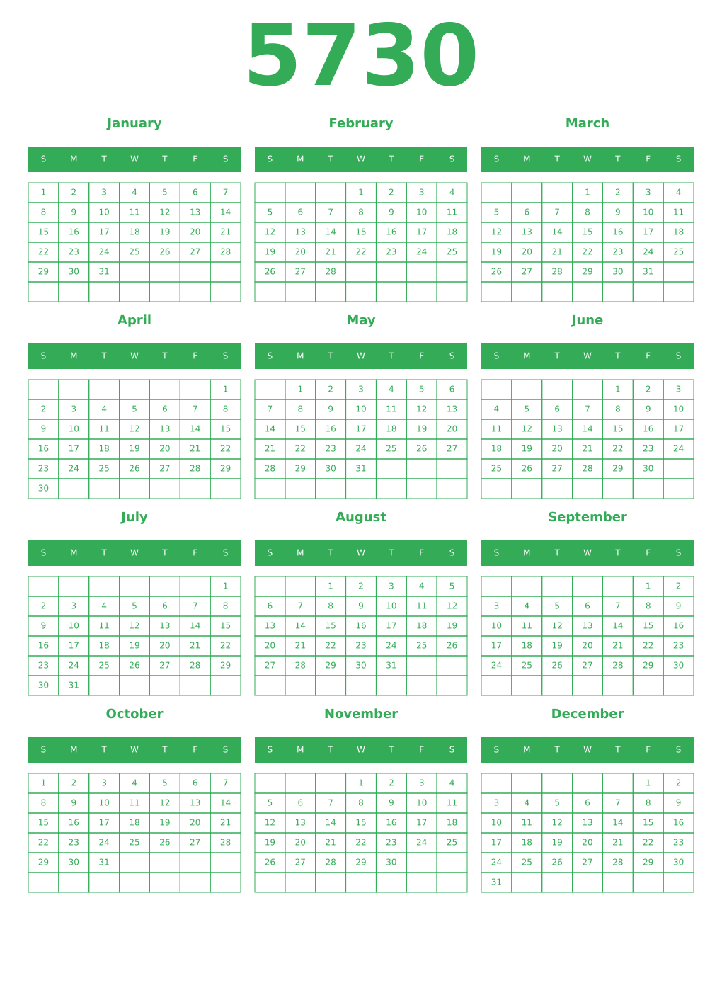 Printable 5730 Year Calendars green