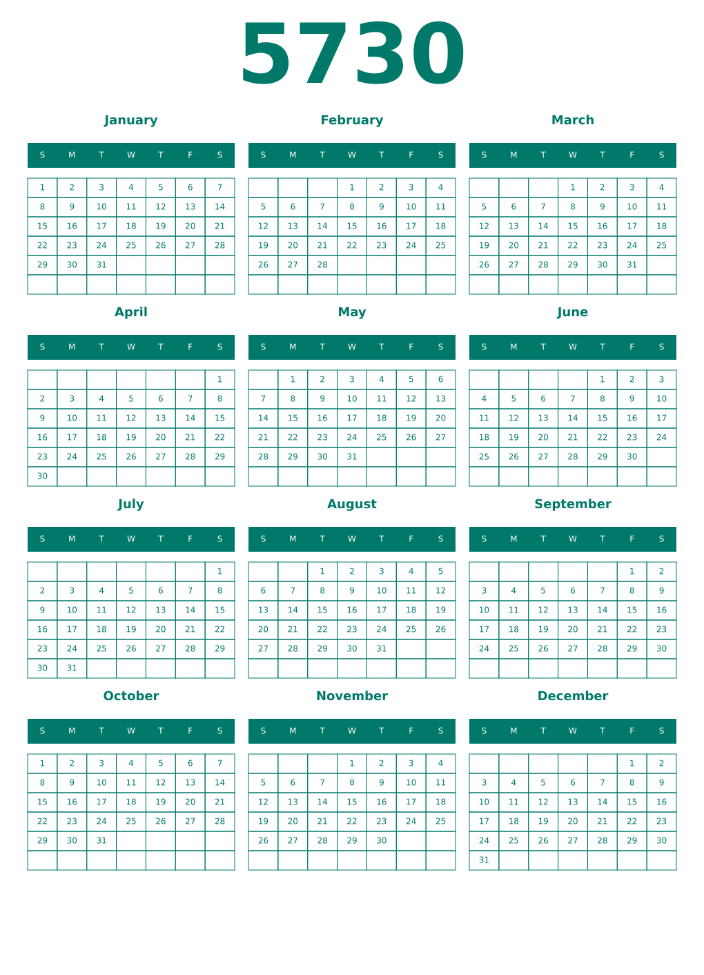 Printable 5730 Year Calendars pastel