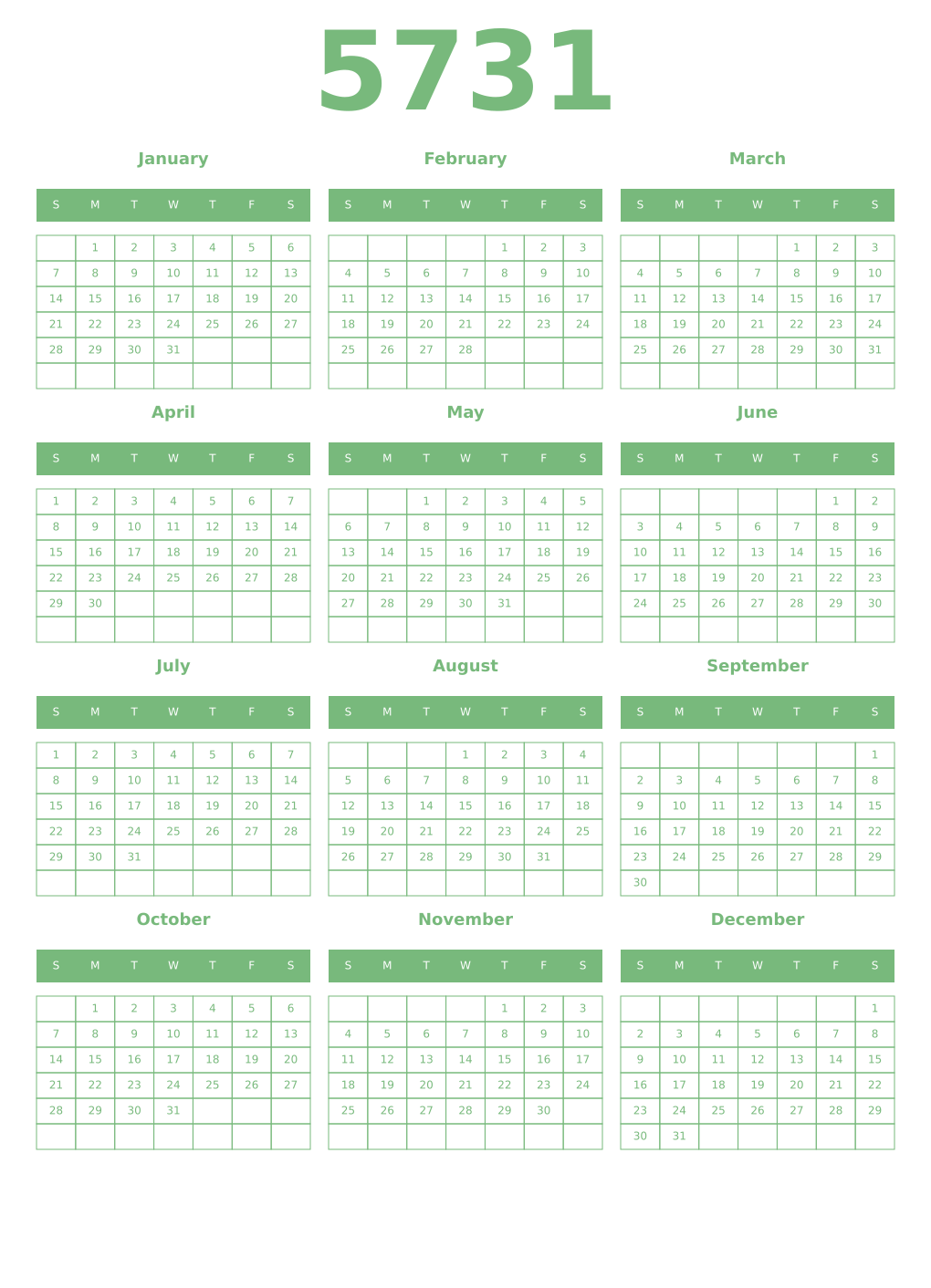 Printable 5731 Year Calendars celadon
