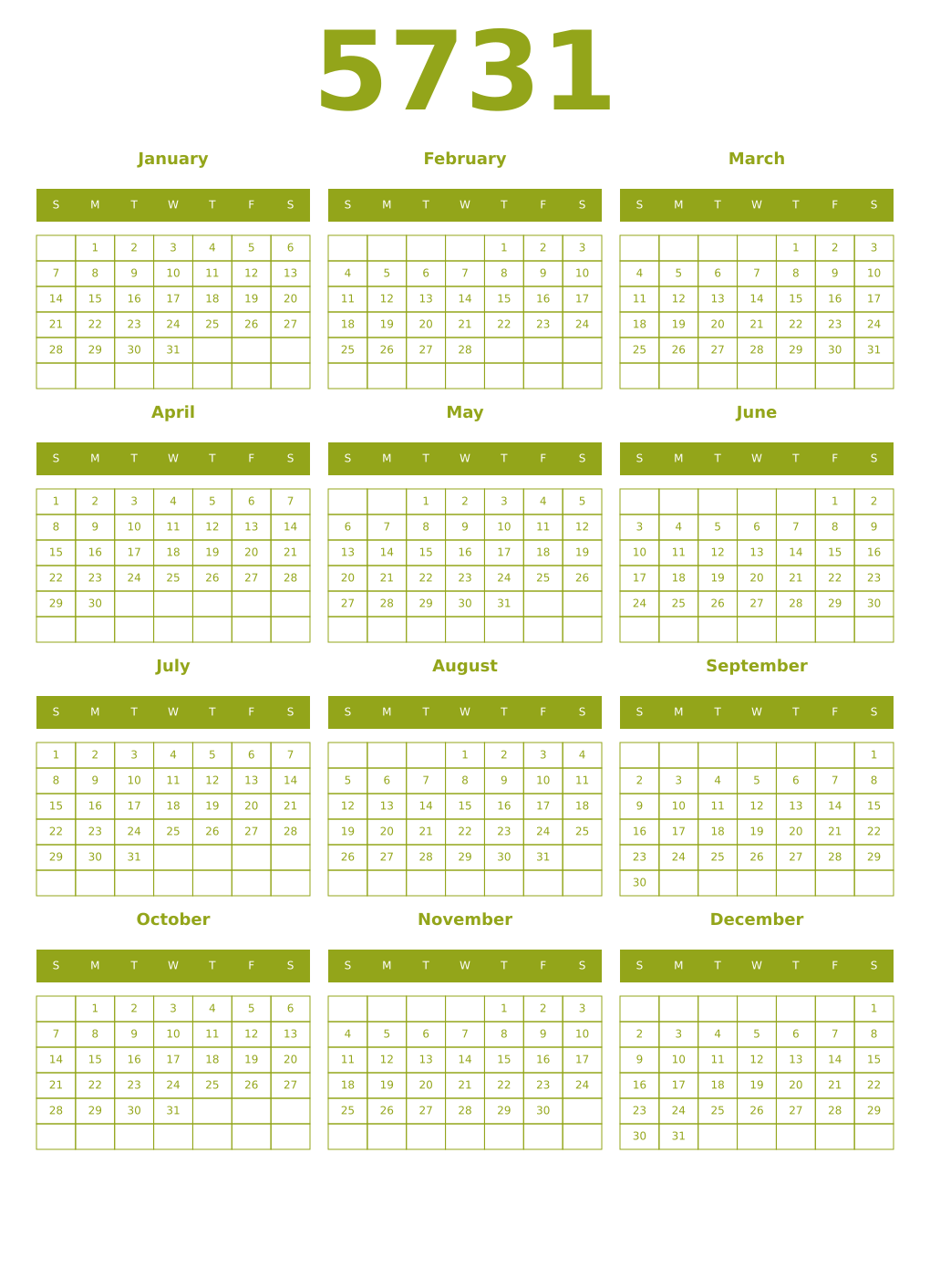 Printable 5731 Year Calendars chartreuse