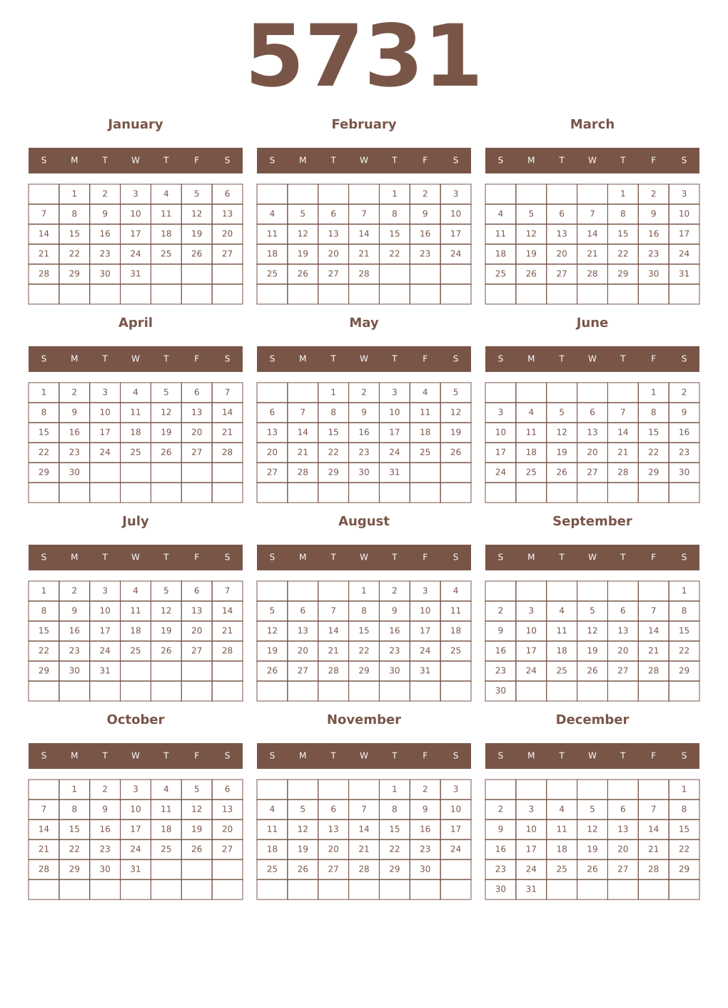 Printable 5731 Year Calendars coffe