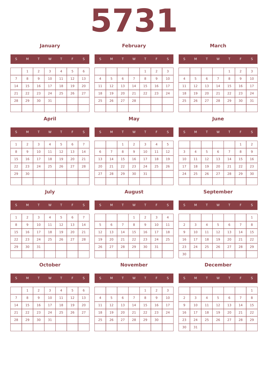 Printable 5731 Year Calendars cordovan