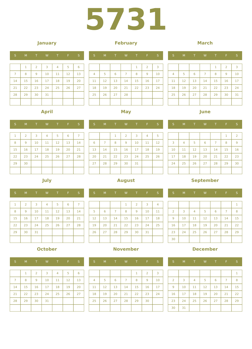 Printable 5731 Year Calendars eburnean