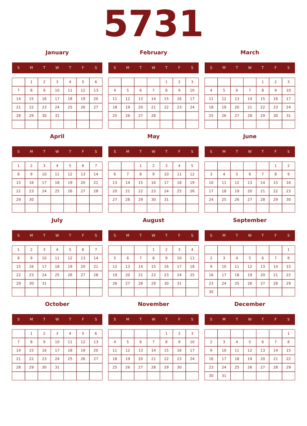 Printable 5731 Year Calendars falu