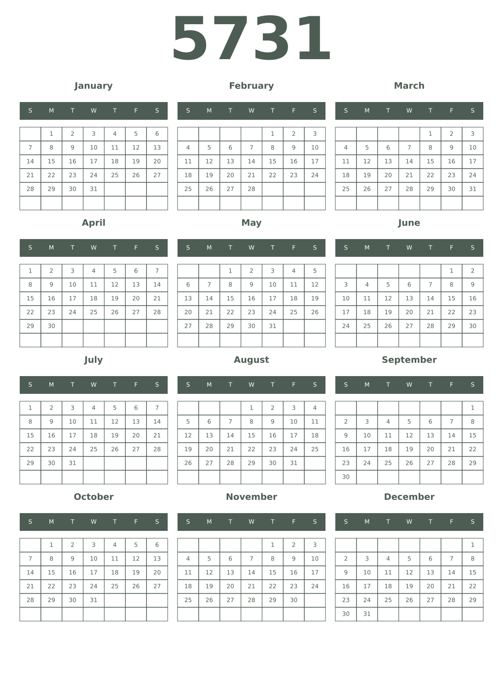 Printable 5731 Year Calendars feldgrau