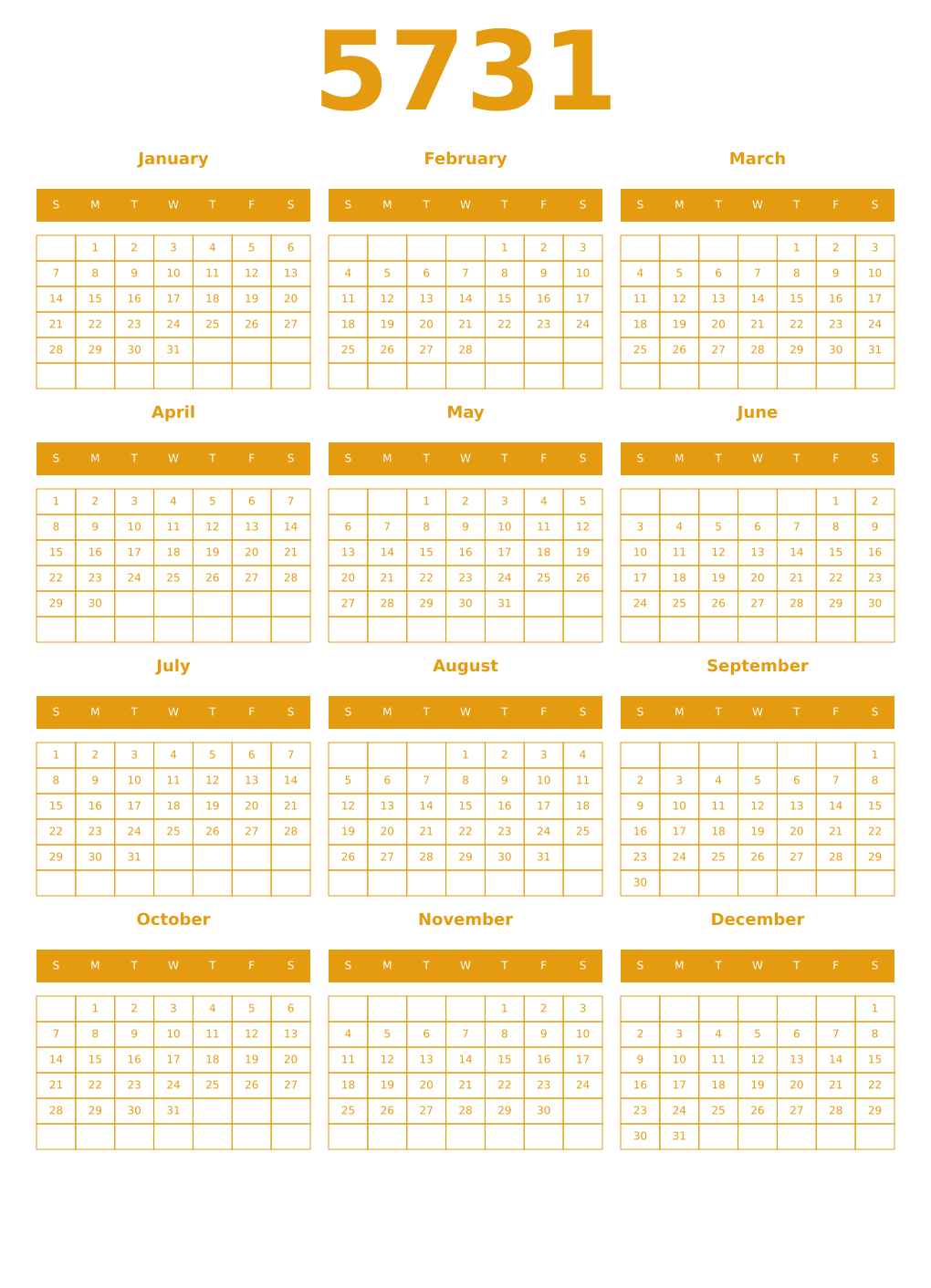 Printable 5731 Year Calendars gamboge