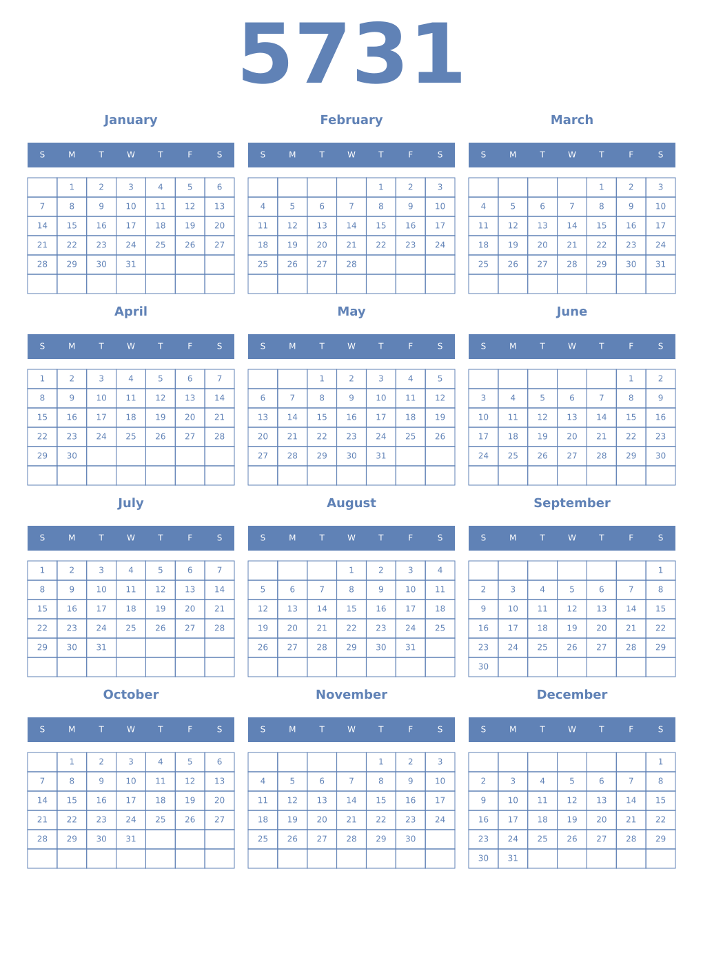 Printable 5731 Year Calendars glaucous